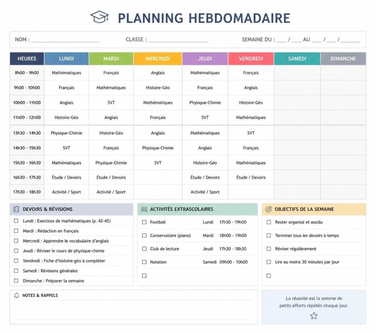 Organisation: le planning hebdo qui sauve les élèves débordés (modèle à copier) 1 découvrez un planning hebdomadaire efficace pour aider les élèves débordés à mieux s'organiser et réussir. téléchargez notre modèle pratique à copier pour gagner en sérénité.