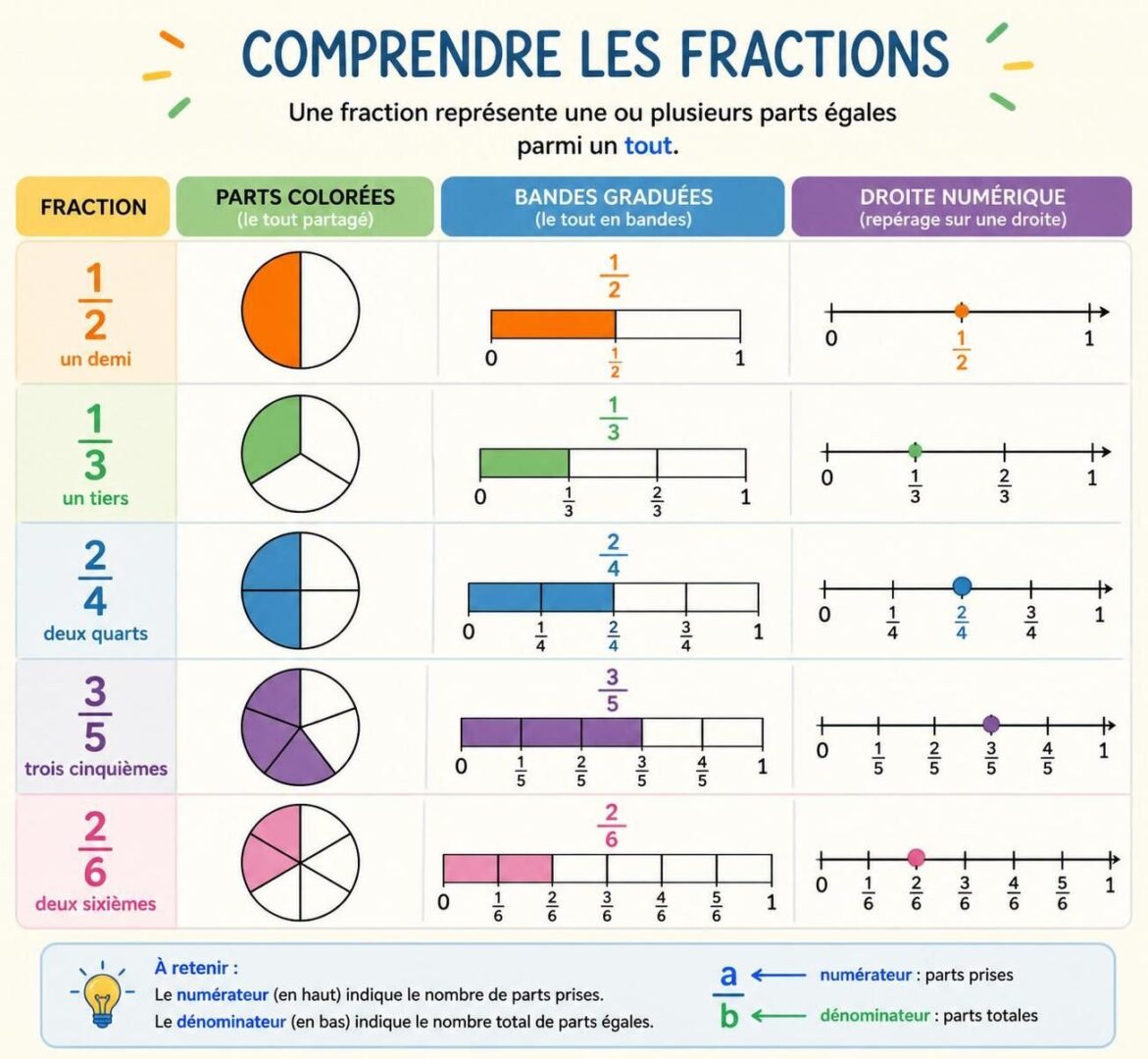 découvrez une explication visuelle des fractions qui facilite la compréhension sans mémorisation par cœur. apprenez les fractions simplement et efficacement !