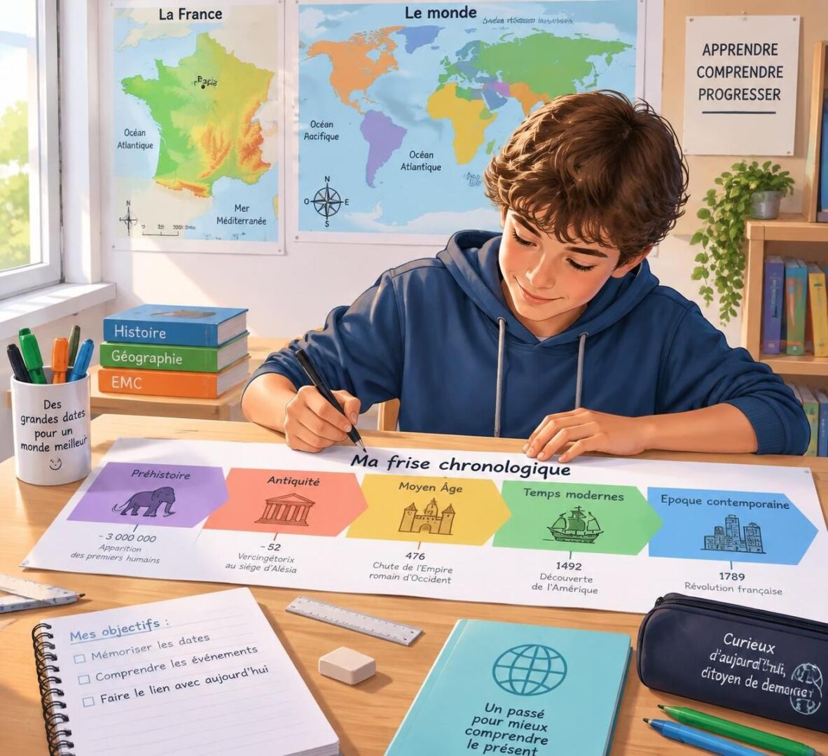 Histoire-géo: apprendre sans se noyer dans les dates (frise + repères) 1 apprenez l’histoire-géo sans vous perdre dans les dates : créez une frise claire et mémorisez les repères essentiels avec méthode.